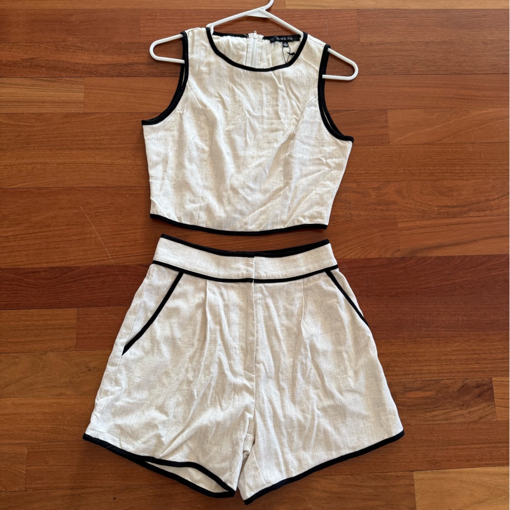 These Three Boutique Tan Linen and Black Trim Sleeveless Top and Shorts Set